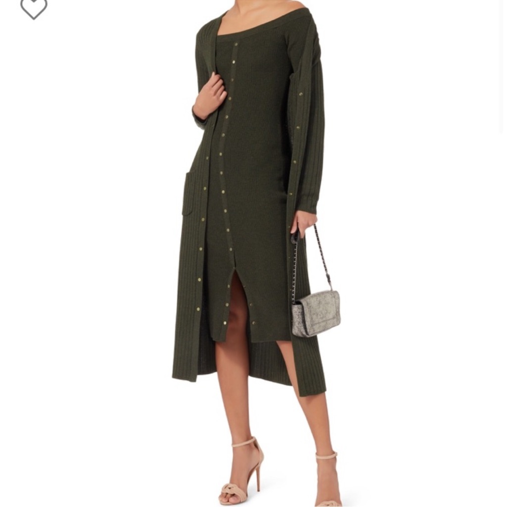 Intermix Renee Ribbed Knit Olive/Emerald Green Wool Bodycon Off Shoulder Dress S